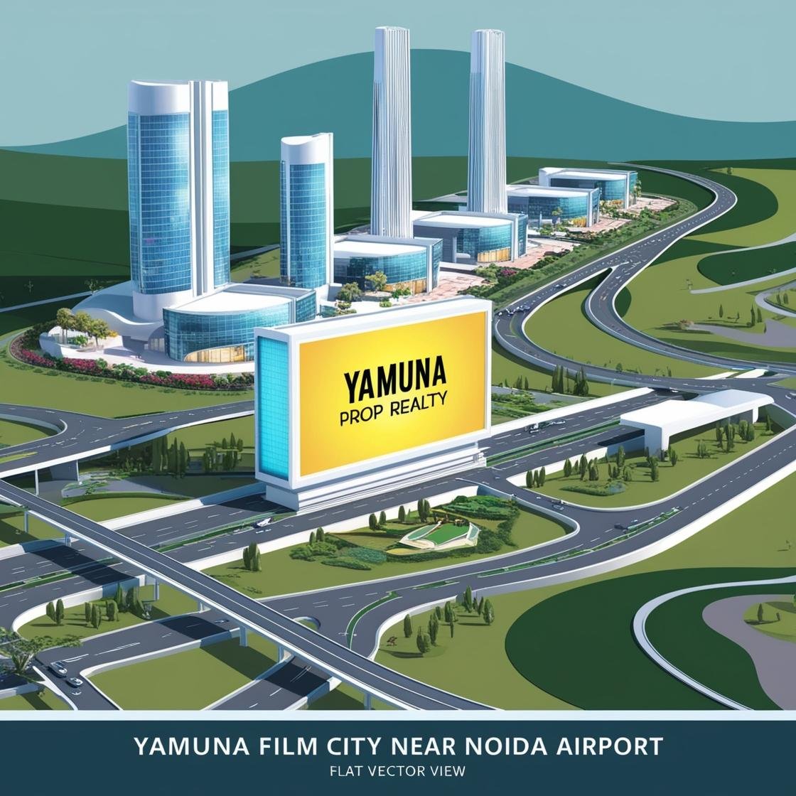 "A futuristic aerial view of Yamuna Film City near Noida Airport, featuring modern film studios, skyscrapers, expressways, and green landscapes. A large studio billboard displays 'Yamuna Prop Realty' prominently."